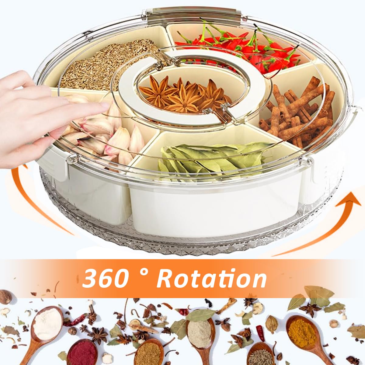 Supvox Snackle Box Container for Snacks and Fruits with 6 Compartments and Rotating Lid | Food Grade PET PP Serving Tray