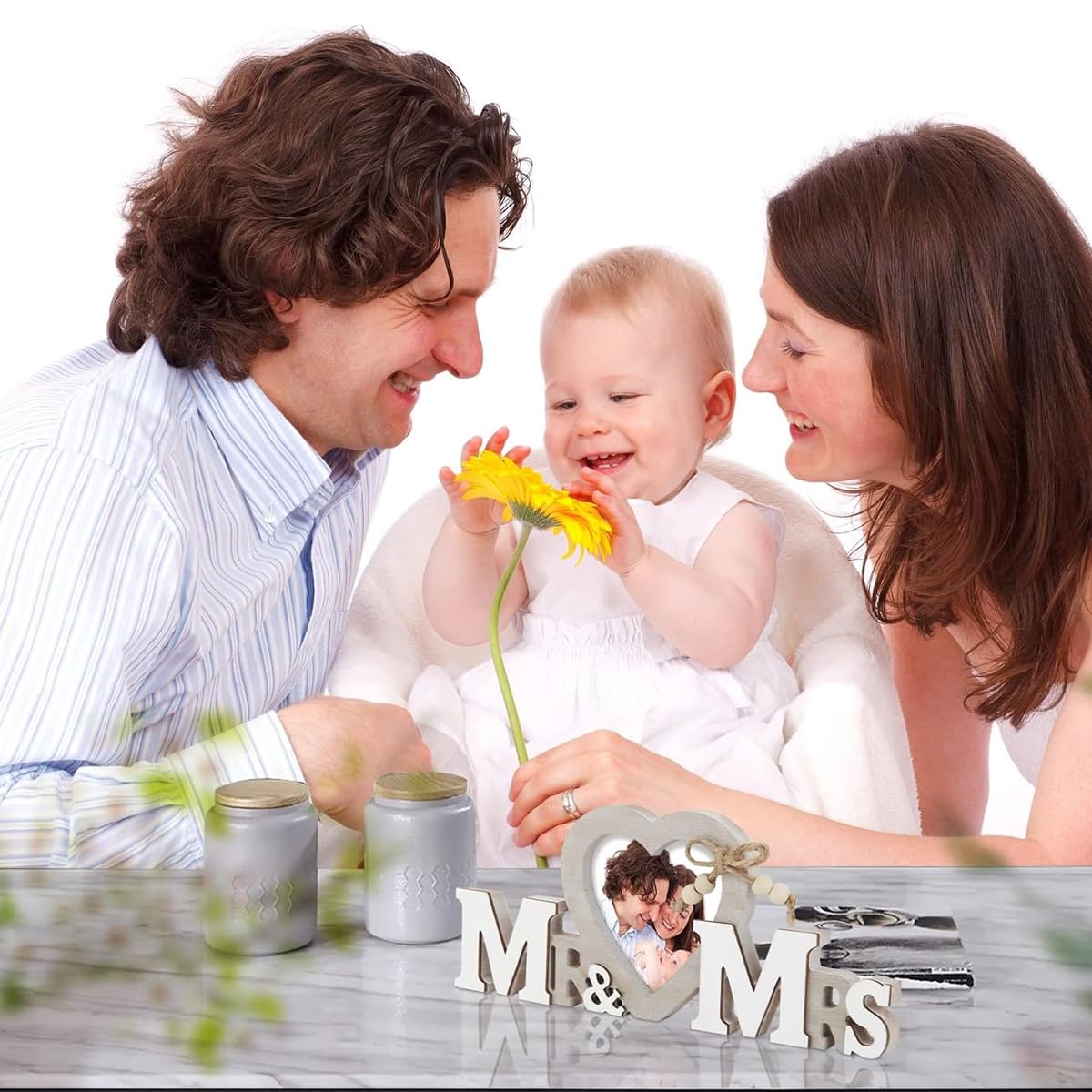 HASTHIP Mr and Mrs Photo Frame for Wedding and Anniversary Gifts with 24.3x19.6cm Wood Heart Design | Romantic Tabletop Decoration for Couples