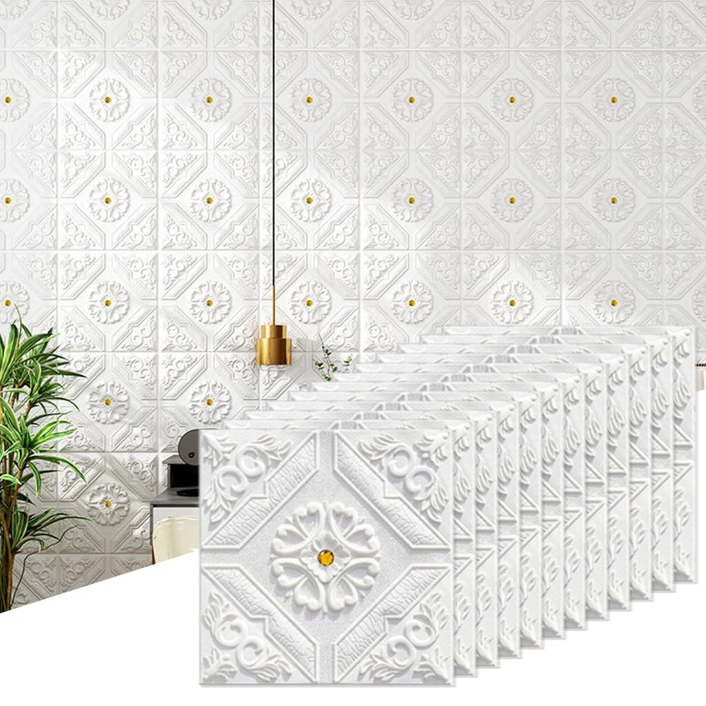 HASTHIP Brick Wallpaper Wall Decor Panels for Home Renovation with Self Adhesive 13.8 x 13.8 in Vintage White Foam | Ideal for Living Room and Bedroom
