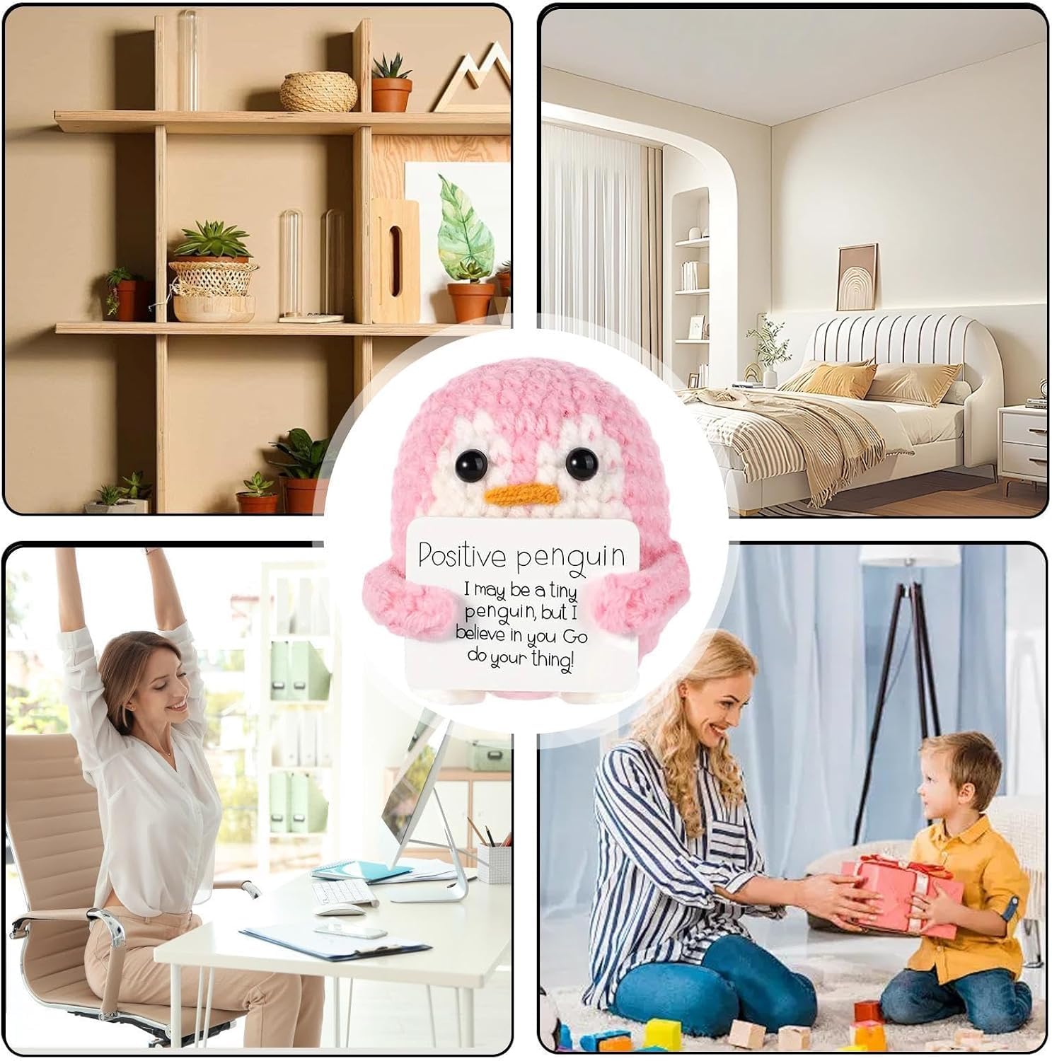 ZIBUYU Handmade Crochet Penguin Desk Decor for Office and Nursery with 2.35 in Size | Cute Motivational Gift Set 3 PCS Pink