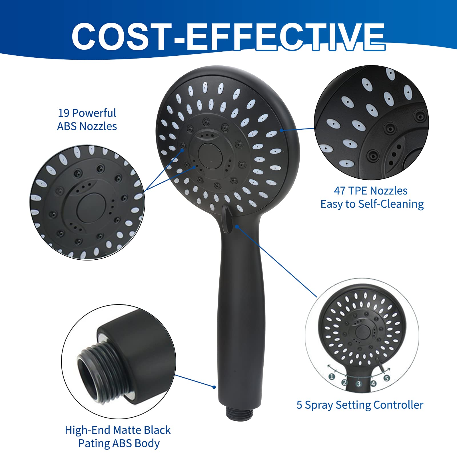HASTHIP Hand Shower for Bathroom with 5 Settings and On Off Switch | Chrome ABS Design