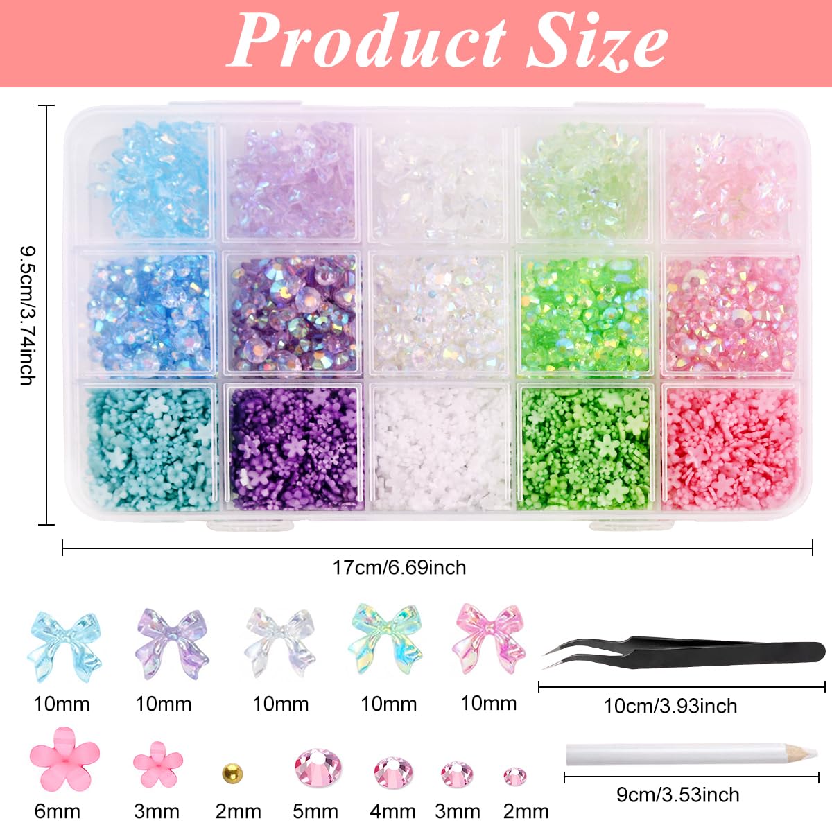MAYCREATE 3D Nail Charms for Art Decoration with 3200 Pcs Jewels and Pickup Tools | AB Pink Set