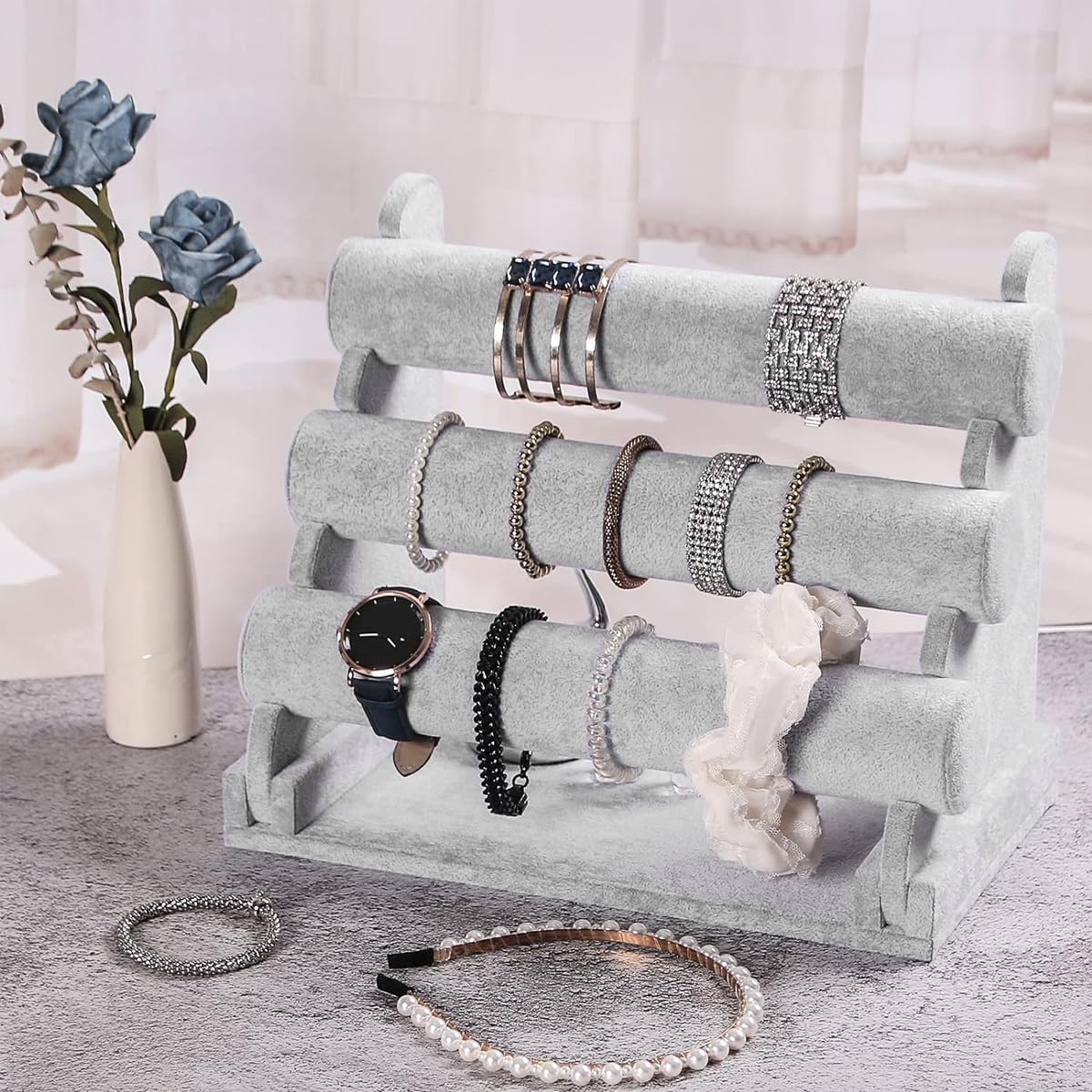 MAYCREATE® Bracelet Holder Organizer 3-Tier Jewelry Display Stand for Watch Bangle Bracelet - Detachable Velvet Desk Bracelets Storage Showcase Rack, Grey