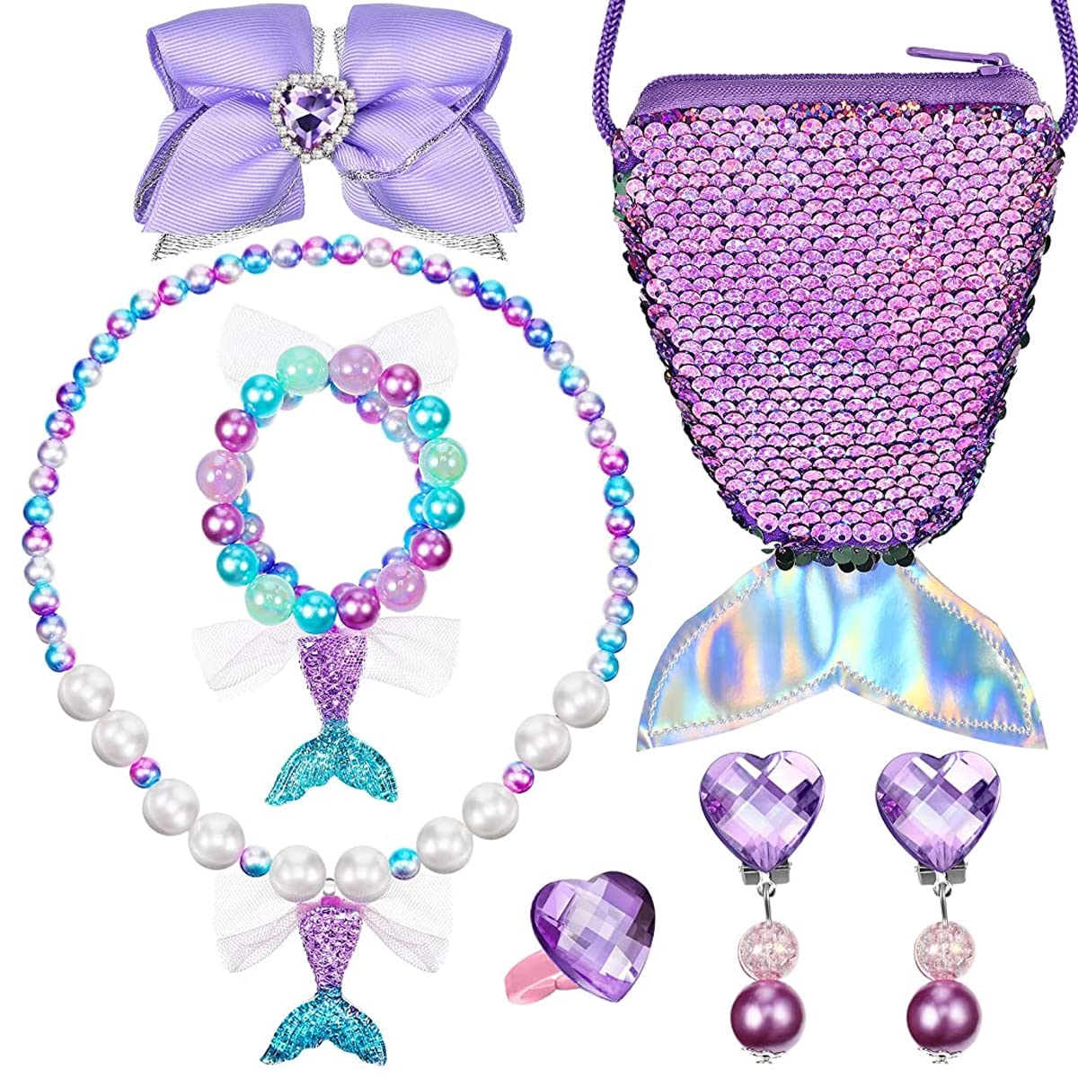 ZIBUYU Cute Pearl Necklace Bracelet Set for Girls Included Sling Bag,Hair Bow Ring Earrings,Mermaid Princess Jewelry Kit for Theme Party,Dress Up Christmas Gift