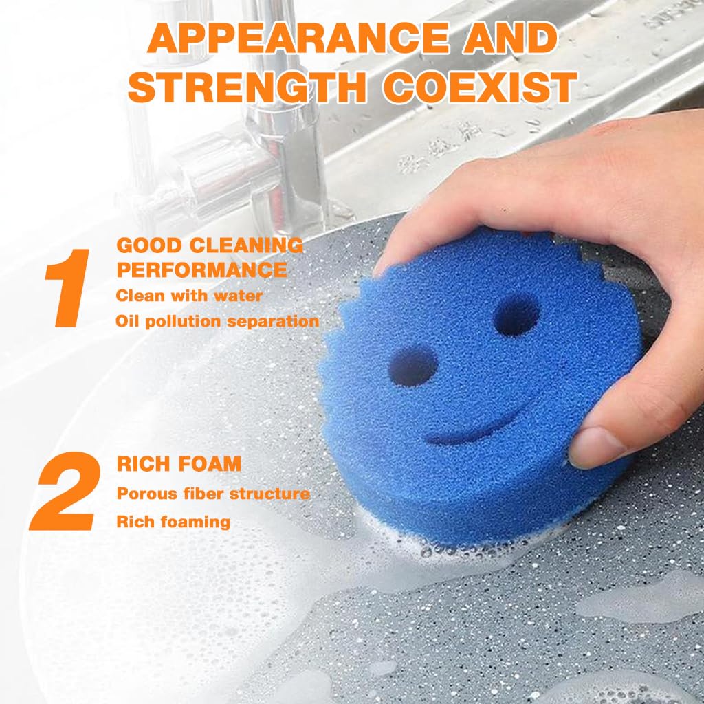 Supvox Scrubber for Kitchen 4 Pack with Dual Sided Sponge and Suction Cups | Fun Smiley Design