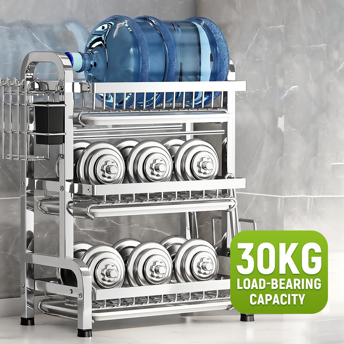 HASTHIP Dish Drying Rack for Kitchen Organization with 3 Layers 43x25x60cm Stainless Steel | Removable Water Catch Tray