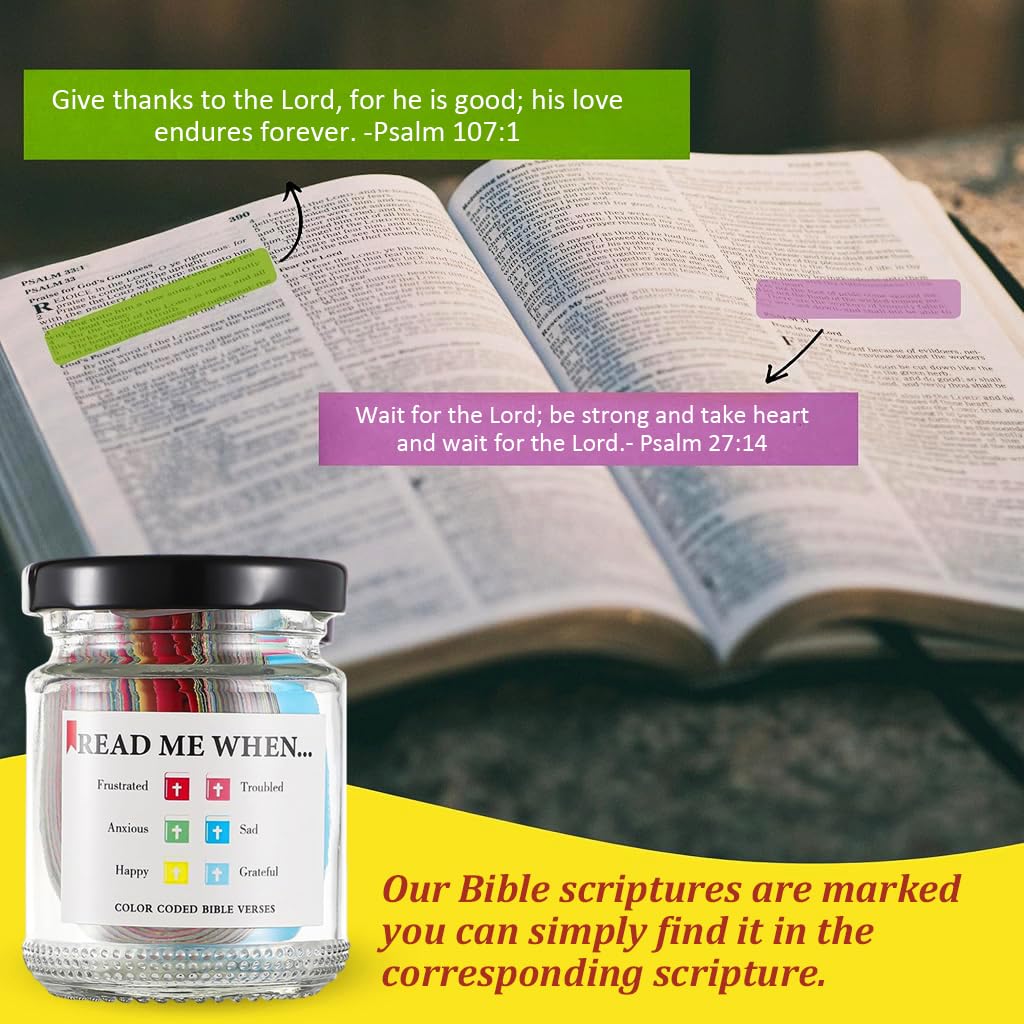 HASTHIP® Bible Verse Jar, Inspirational Bible Verse Jar Bible Verse Notes Glass Jar with 90Pcs Color-Coded Bible Verses Notes Christian Gifts Birthday Gift with A 48'' Ribbon Bow.