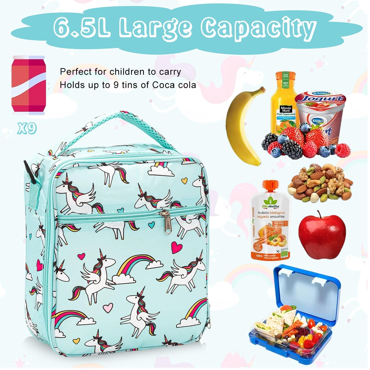 HASTHIP® Lunch Box Bag Insulated Lunch Box Bag Cartoon Print Camping Lunch Box Bag for Kids Thermal Lunch Box Bag with Handle & Removable Shoulder Strap Kids Camping Picnic Food Pouch