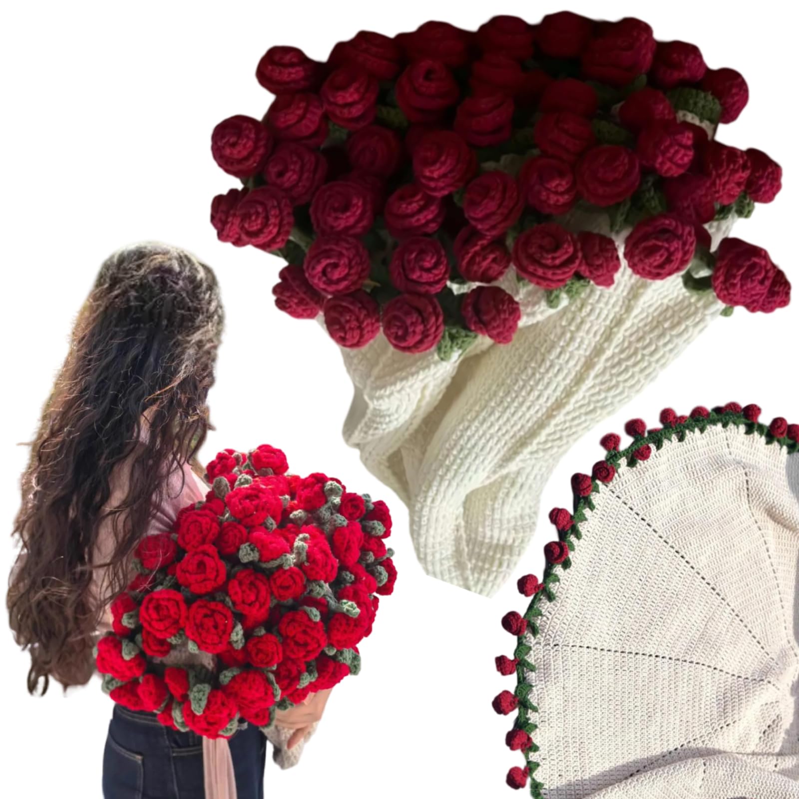 PATPAT® Crochet Flower Rose Bouquet Blanket Handmade – Surprise Bouquet Blanket, Romantic Knitted Rose Floral Bed Throw Blankets