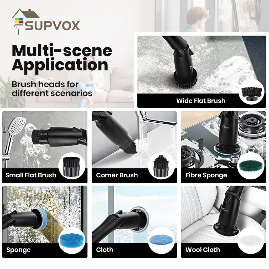 Supvox Electric Spin Scrubber for Bathroom and Floor Cleaning with 8 Heads and 3 Speeds | Adjustable Handle & IPX7 Waterproof Design