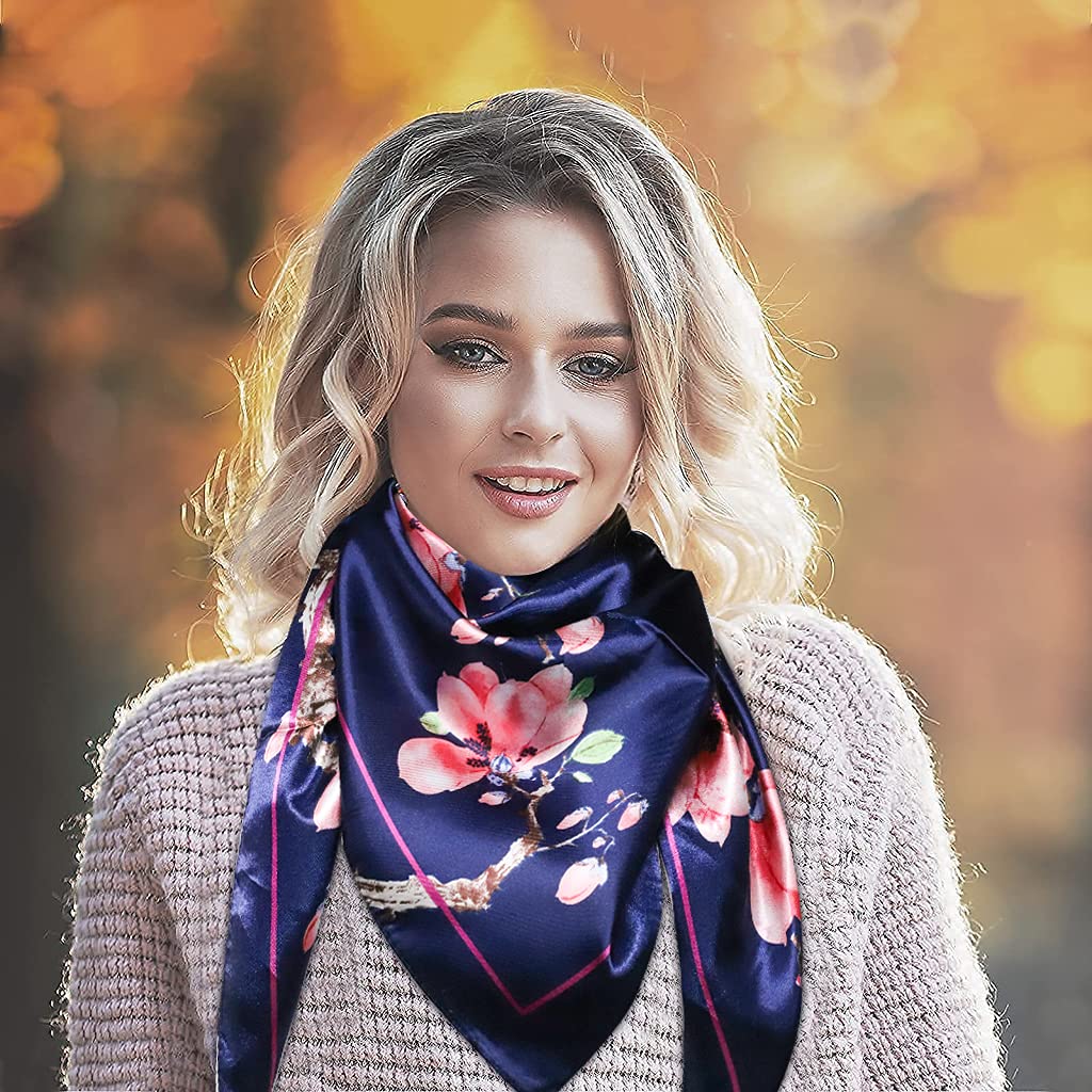 PALAY Scarf for Women 27x27 in Satin Square Wrap with Silk Like Polyester | Navy Headscarf