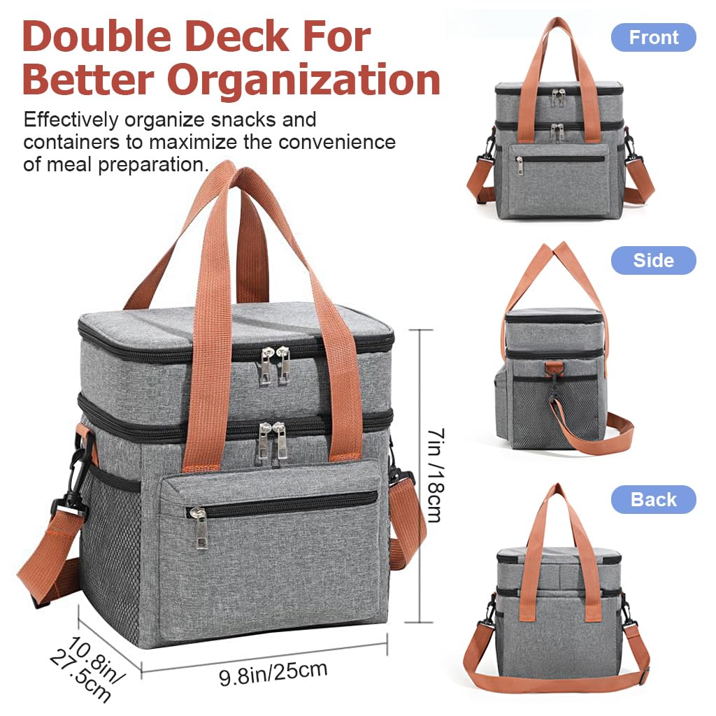 HASTHIP Expandable Insulated Lunch Bag for Office and School with Double Deck 10kg Capacity | Leakproof Grey Cooler for Travel and Picnic