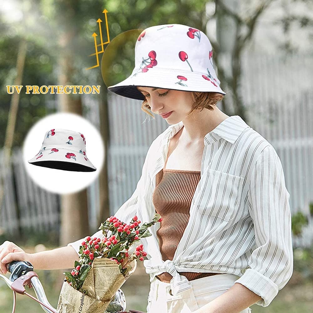 PALAY Bucket Hat for Women Cotton with Cherry Print Reversible Summer Sun Fisherman Outdoor Cap Beach Hat for Girls Teens