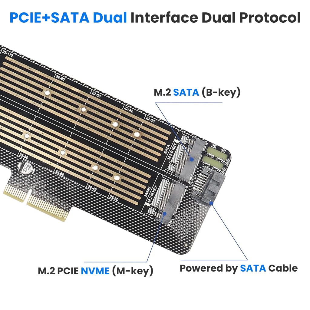 ZORBES M.2 NVMe & NGFF Dual SSD Adapter Card for PC Upgrades with Dual Heat Sinks | PCIe 3.0 32Gbps and SATA 6Gbps High-Speed Transfer
