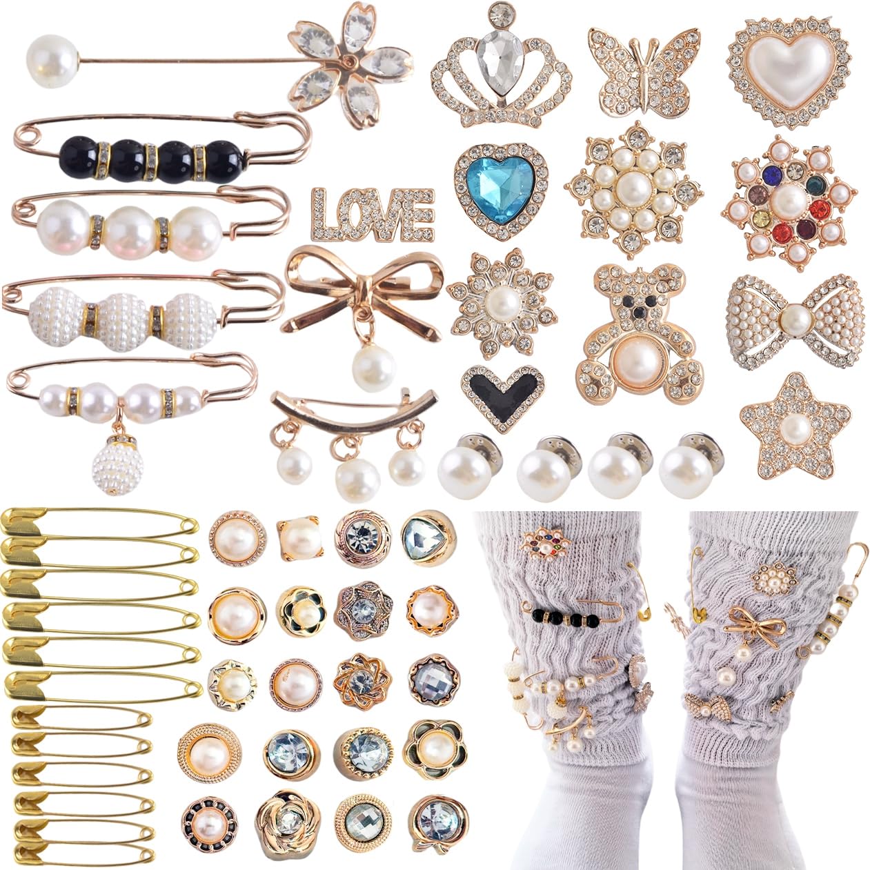MAYCREATE 55Pcs Pearl Pin Brooches Safety Pins Shawl Pins Fashion Rhinestone Alloy Pin Brooches Hat Charms DIY Leg Warmer Charms Multi Purpose Decorative Pin Brooches