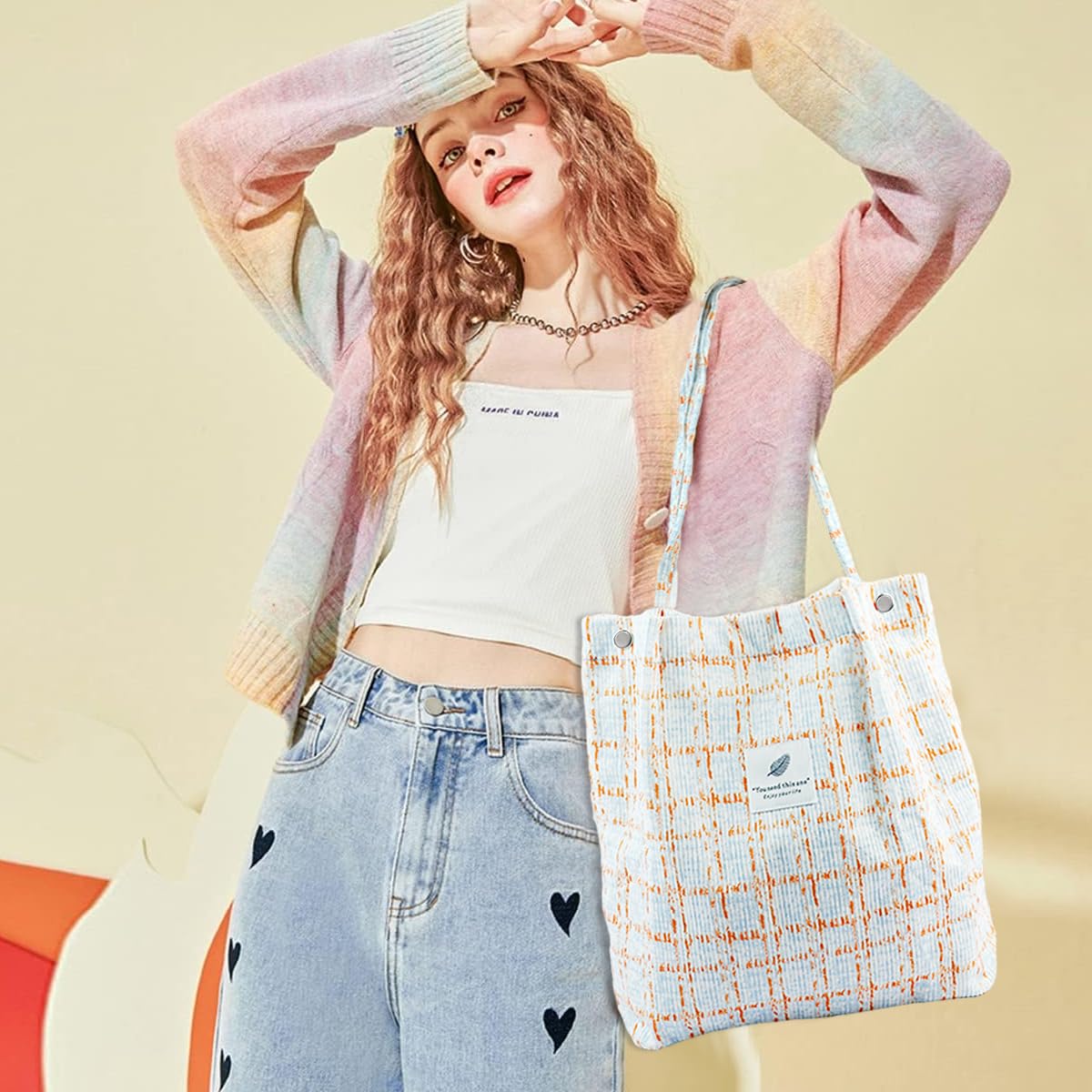 PALAY® Tote Bag Stylish Corduroy Plaid Print Hand Bag for Women Shoulder Bag for Shopping, Commuting, Shopping Bag, Large Grocery Bag