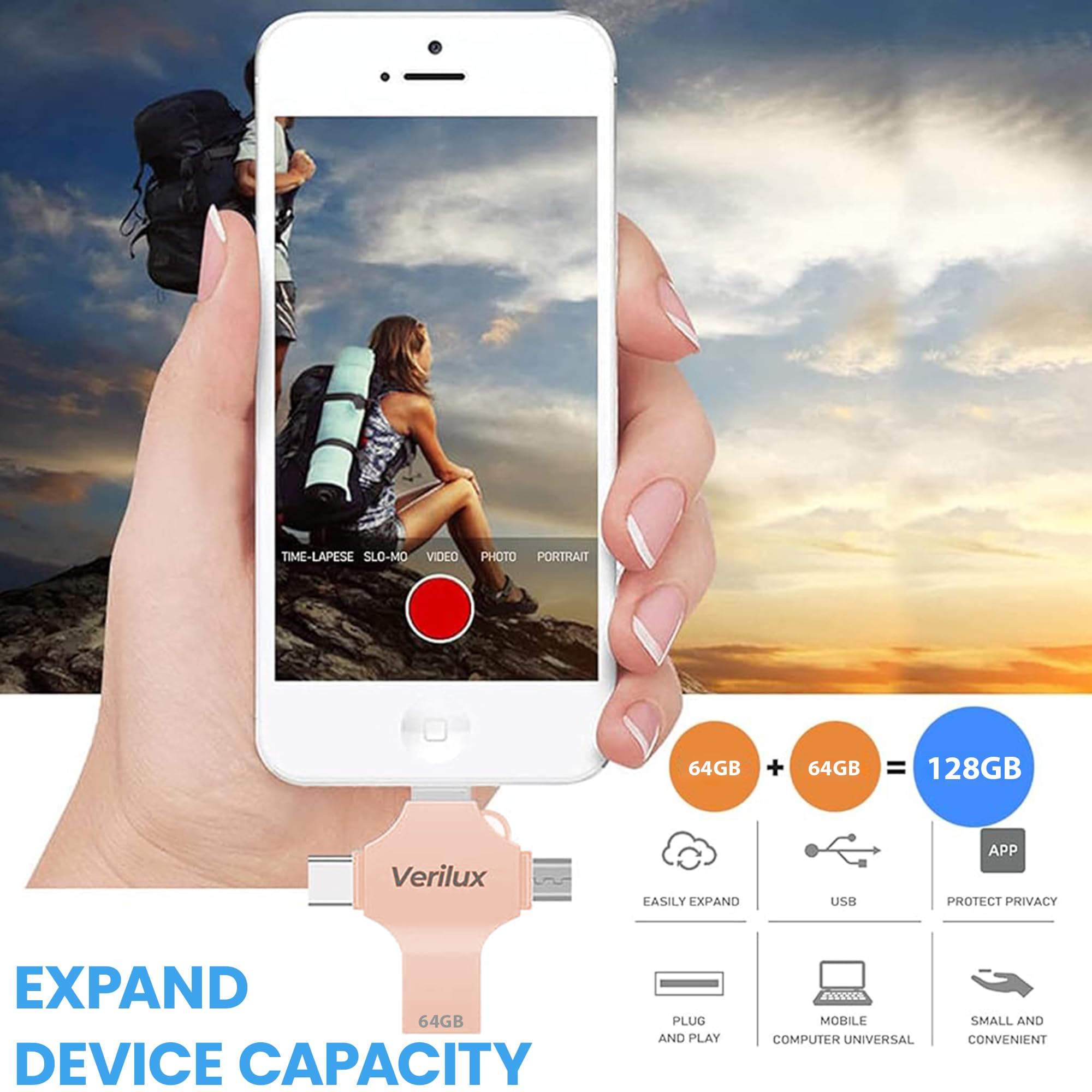 Verilux Pendrive 64GB with 4 in 1 Connector for iPhone Android and PC | Pink Metal Design