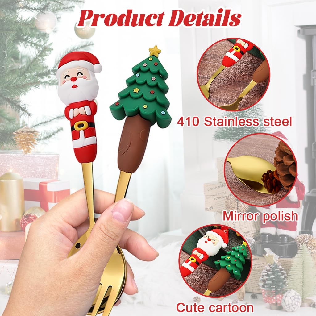 HASTHIP Christmas Spoon and Fork Set for Festive Dining with Santa and Tree Toppers | 2PCS Gold Stainless Steel Flatware in Gift Box