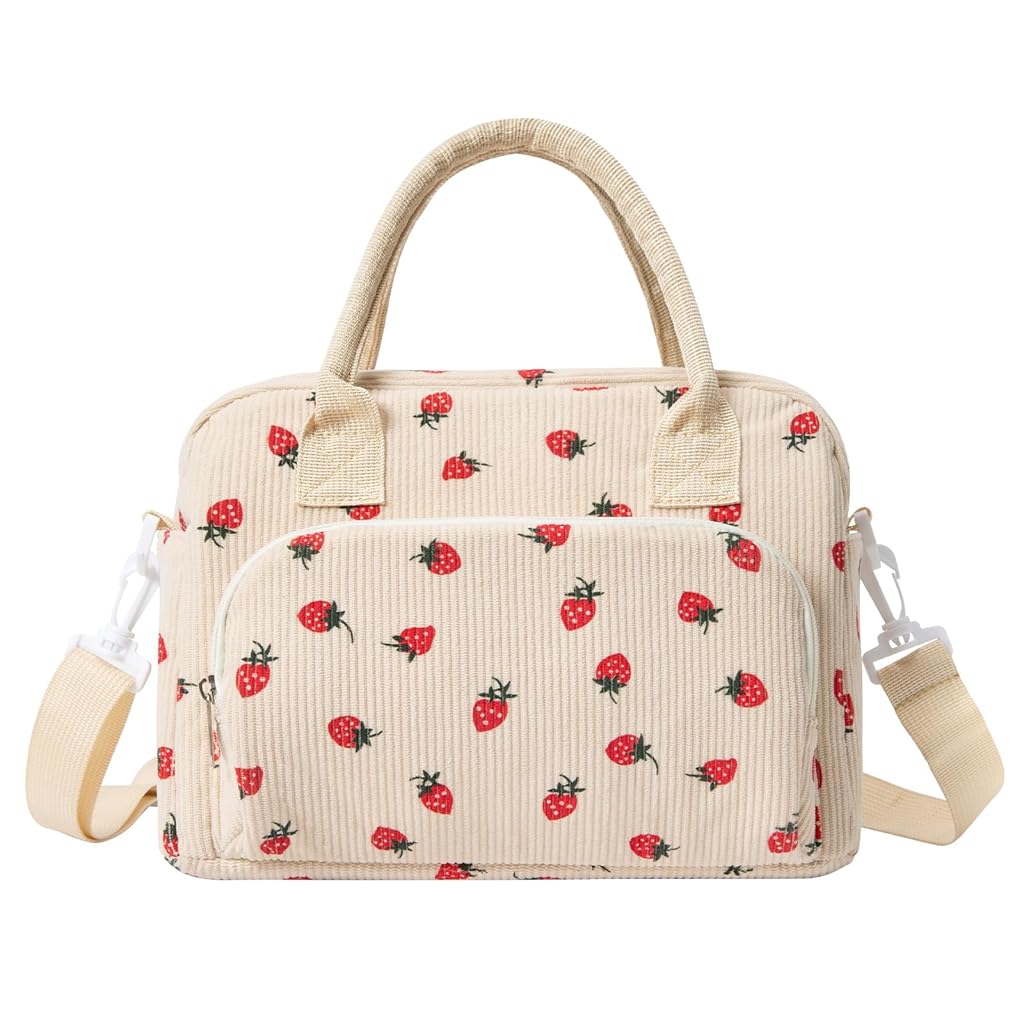 PALAY® Insulated Lunch Bag Cute Strawberry Corduroy Lunch Bag Handbag Bento Bag with Removable Shoulder Strap  School Lunch Bag for Girls Picknic Food Bag, 11.4x6.7x9 inches