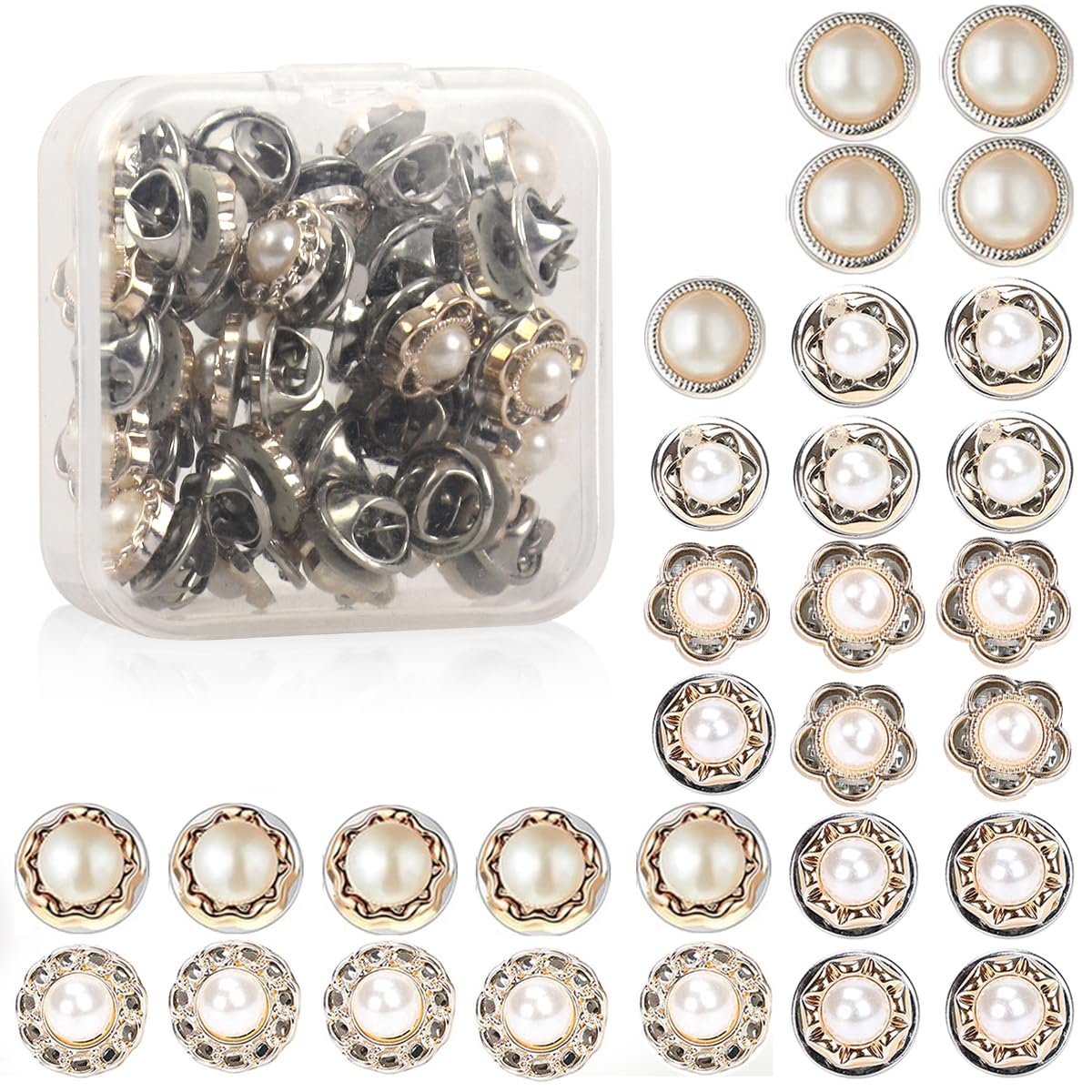 SANNIDHI Pearl Buttons Brooch Pins for Shirt and Cardigan with No Sew Design | 30PCS Set