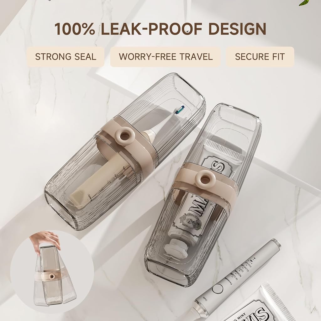 HASTHIP® Toothbrush Travel Case, 2 in 1 Tooth Brush Holder and Rinse Cup, Large Capacity Toothbrush Cup with Cover for Traveling, Camping, Trip - Beige & Clear