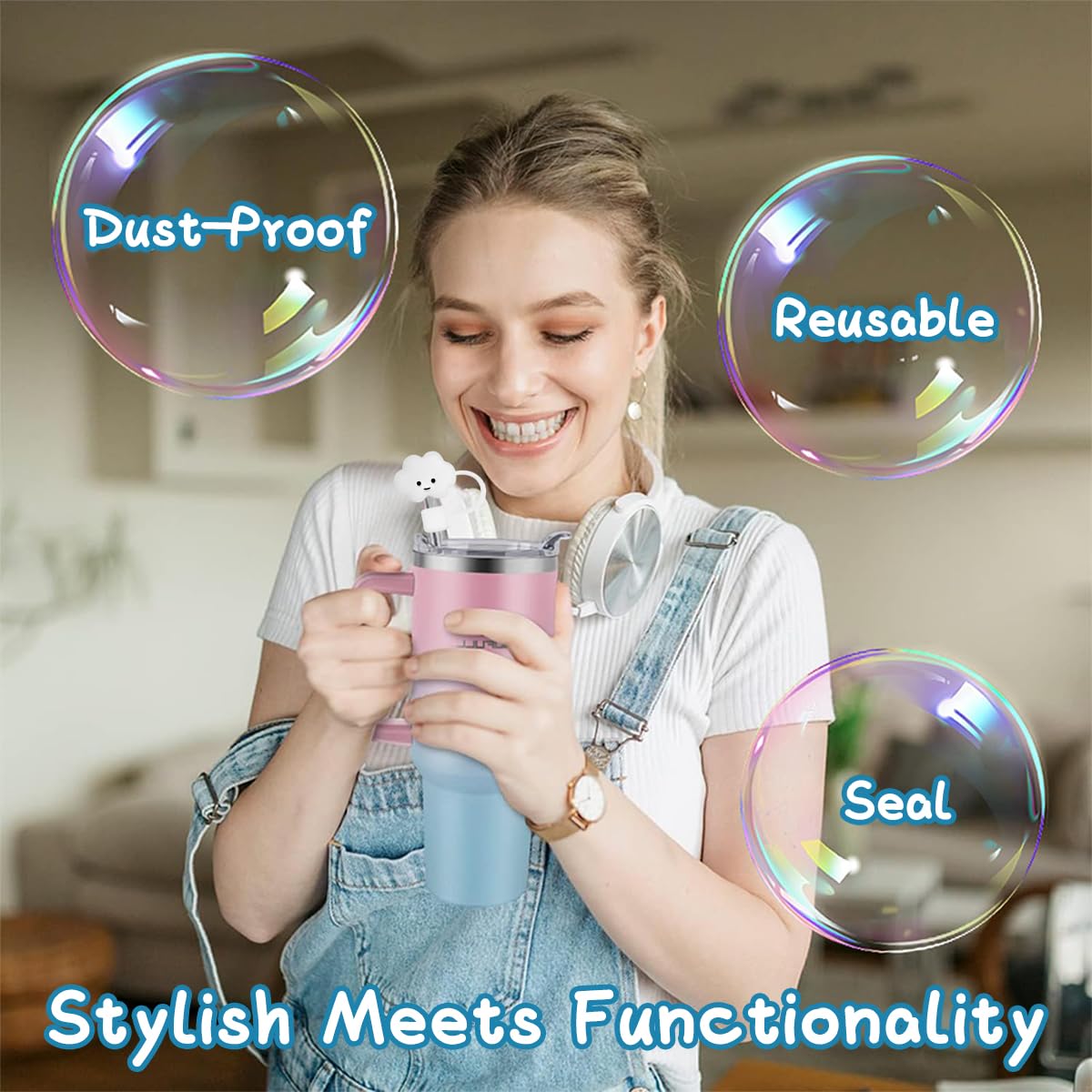 HASTHIP Straws for Stanley Cup 12.2 in Reusable PE Set with Cloud Caps and Cleaning Brush | 7pcs