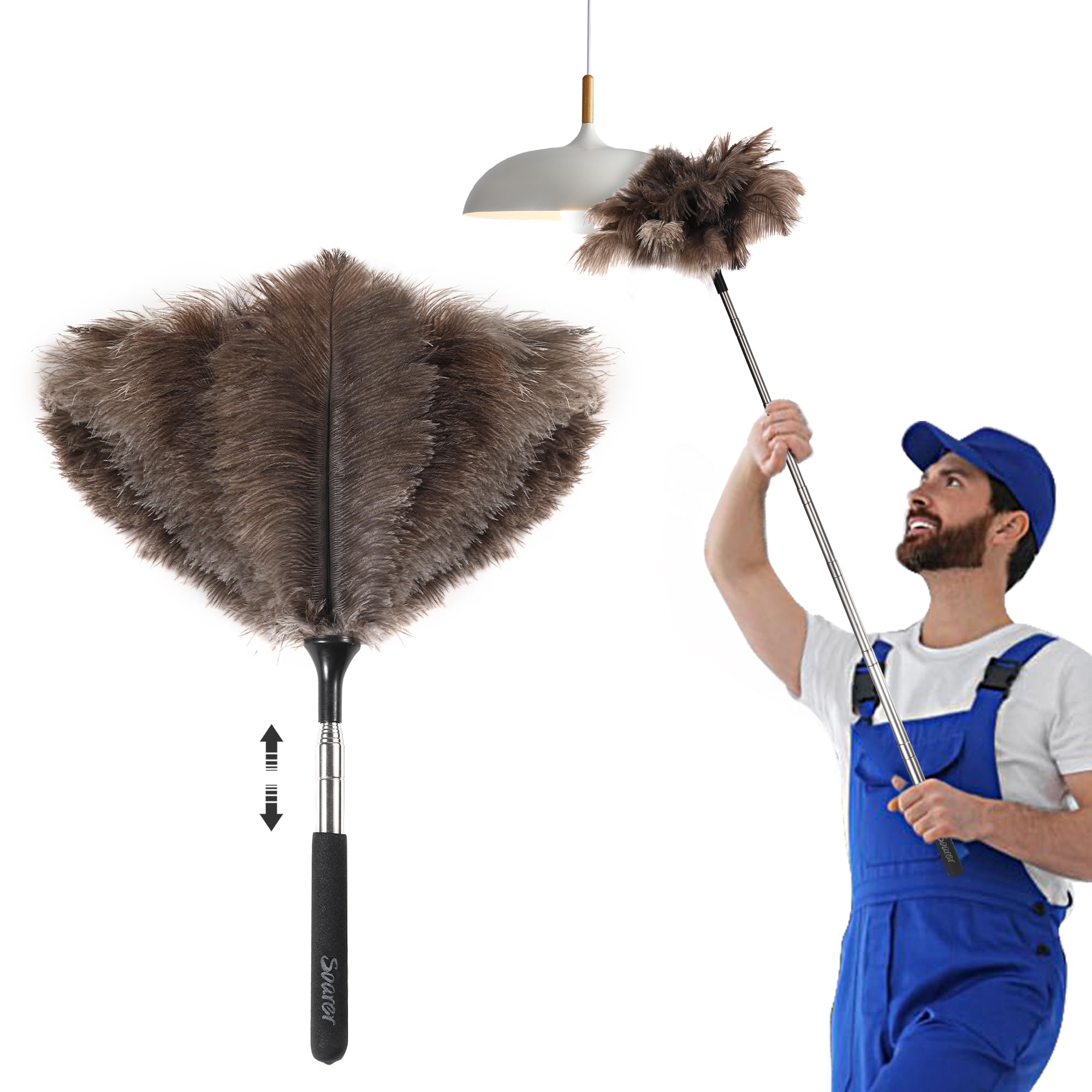 HASTHIP® Extendable Ostrich Feather Duster - 45 inches Fluffy Long Handle Reusable Feather Duster for Cleaning Ceiling Fan Pendant lamp High Ceiling, Blinds, Furniture