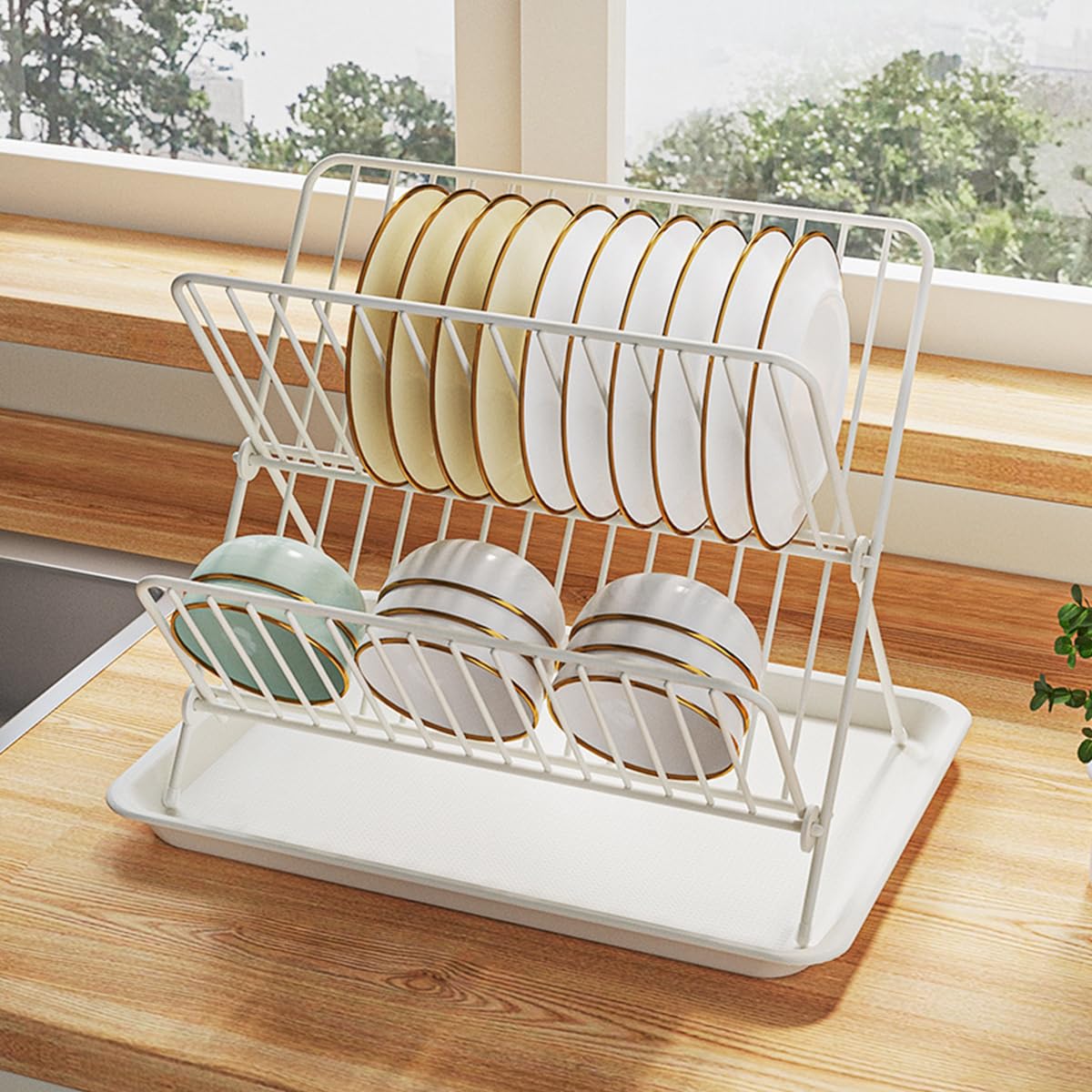 HASTHIP Dish Drying Rack for Kitchen with 2 Tier X Shaped Design and Stainless Steel | Foldable White Drainer with Drainboard