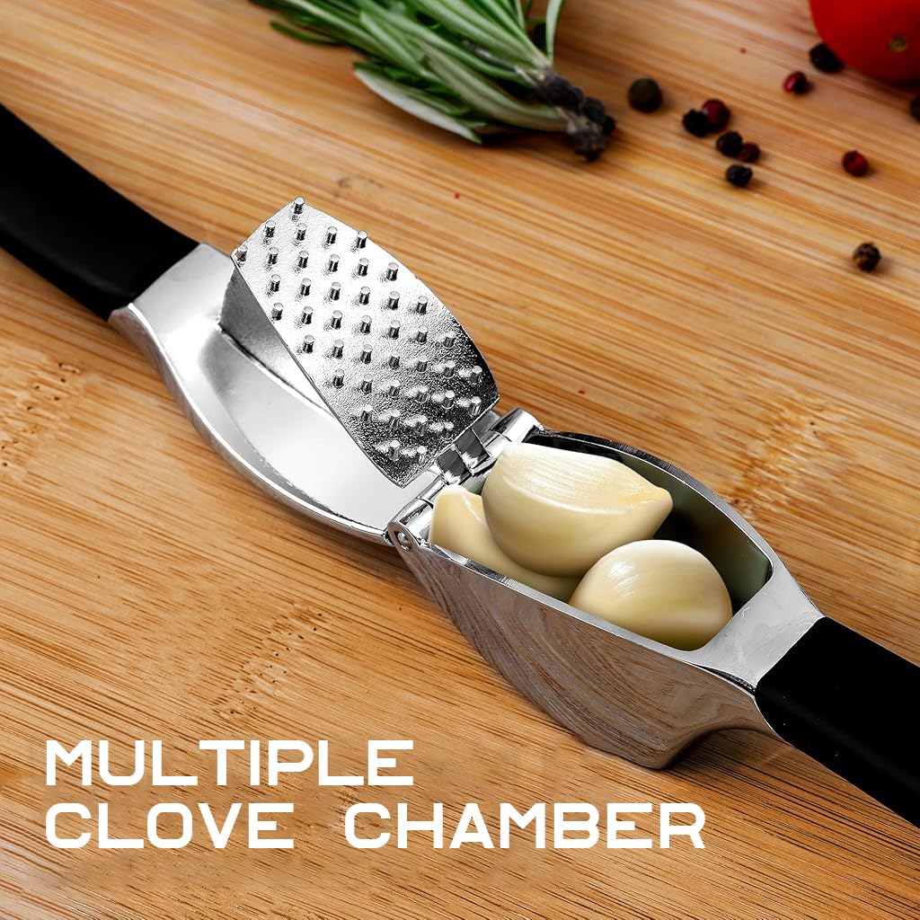 Supvox Garlic Press Set for Kitchen with 3 Pcs Tools featuring Anti Slip Handle & Stainless Steel | Includes Peeler and Cleaning Brush