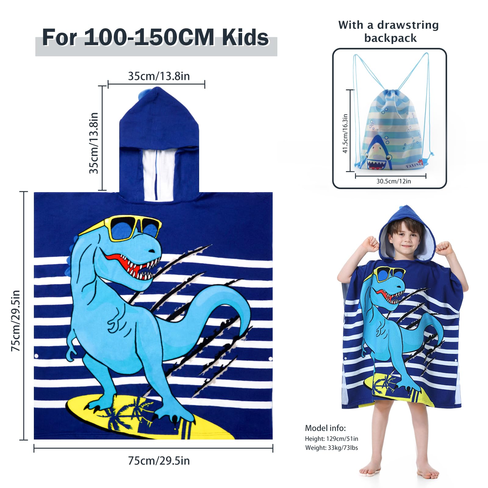 SNOWIE SOFT® Kids Hooded Bath Towel Boys Blue Dino Print Bath Towel Cloak Soft Absorbent Fine Fiber Boys Hooded Cloak Bath Towel with Drawstring Bag, 75 x 150 cm