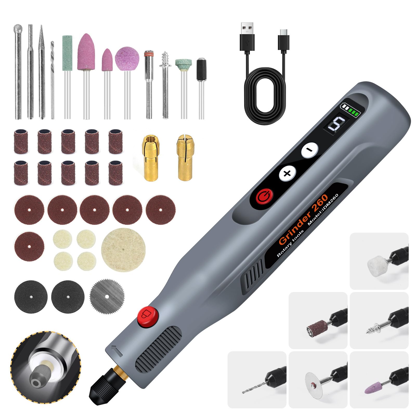 HASTHIP® Electric Grinder Set with 12 Assorted Grinding Heads, Sanding Discs, Mini Cutting Wheels, 5-Speed Adjustable USB Cordless Craft Rotary Tool with Light, 2000mAh Battery