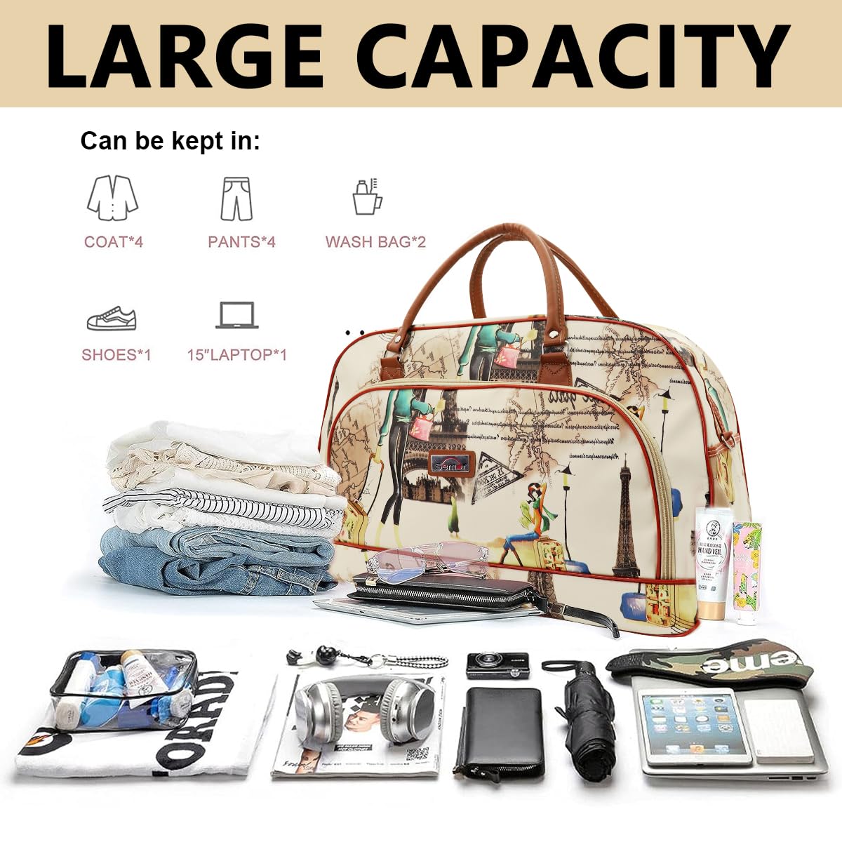 PALAY Duffle Bag for Women Travel with Adjustable Strap and Spacious Compartments | Beige PU Leather