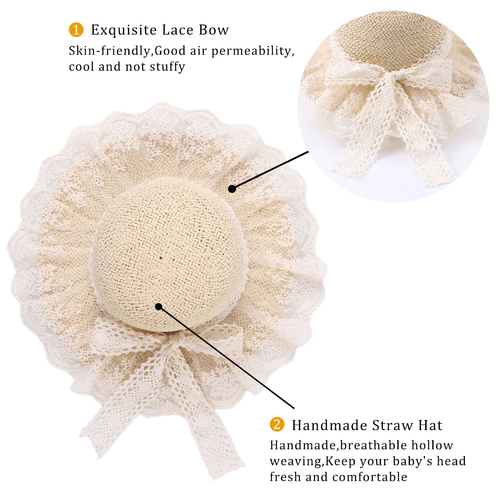 SNOWIE SOFT Girls Summer Straw Hat for Beach and Outdoor Wear featuring Adjustable Brim and Lace Bowknot 52cm