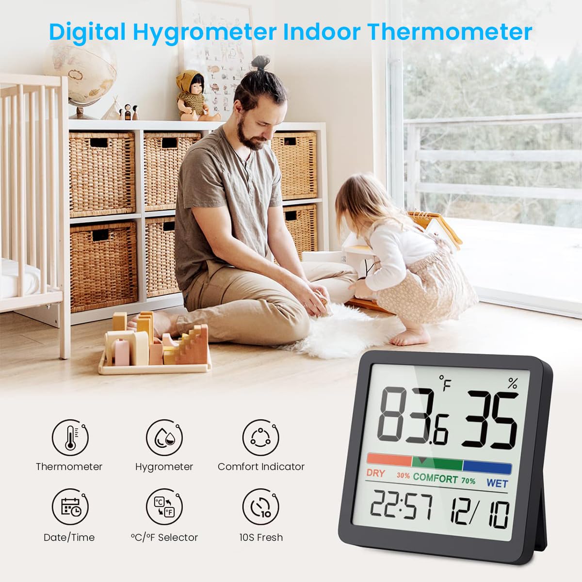HASTHIP Digital Temperature Humidity Meter for Home featuring Magnetic Back Design | LCD Hygrometer with Time Display and 93×75 mm Compact Body
