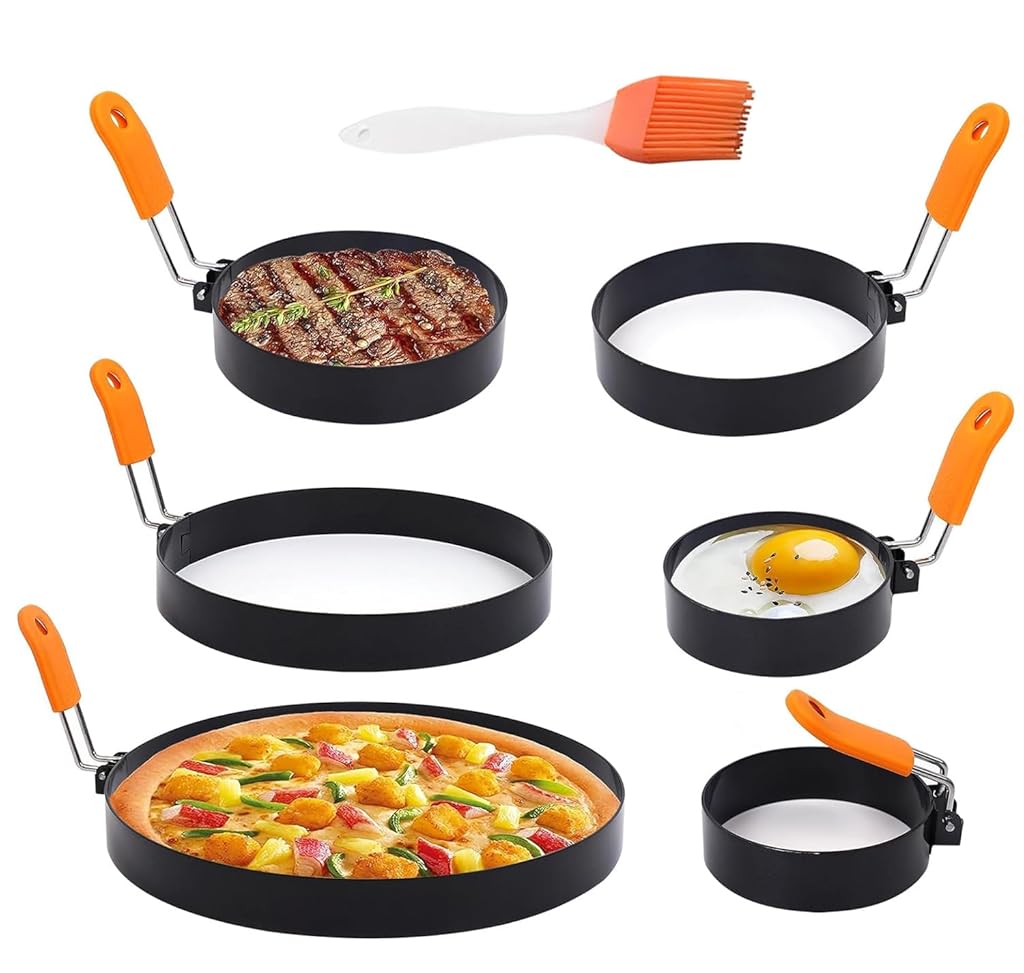 Supvox® Non-Stick Round Cooking Rings with Silicone Oil Brush, 4/6/8'' Dia, Food Grade Stainless Steel, Rubberized Handles, Multipurpose Cooking Rings for Egg, Pancake, Pizze, Burger Patty