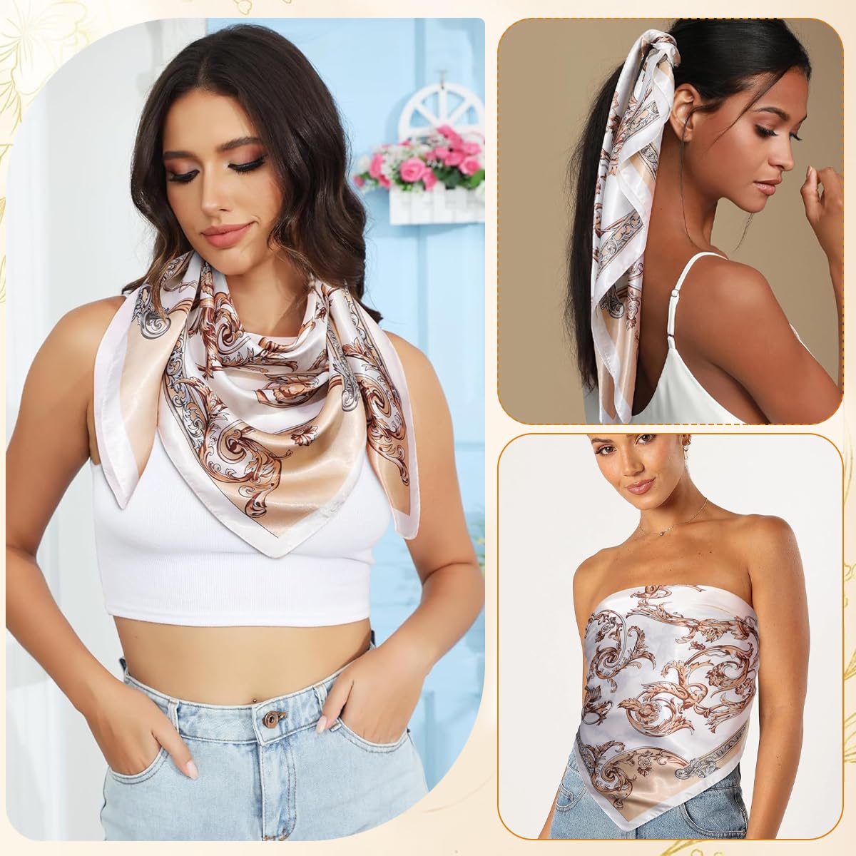 SANNIDHI Head Scarf for Women with 35 in Square Design featuring Retro Ginkgo Print | Silk Feel Multipurpose Accessory