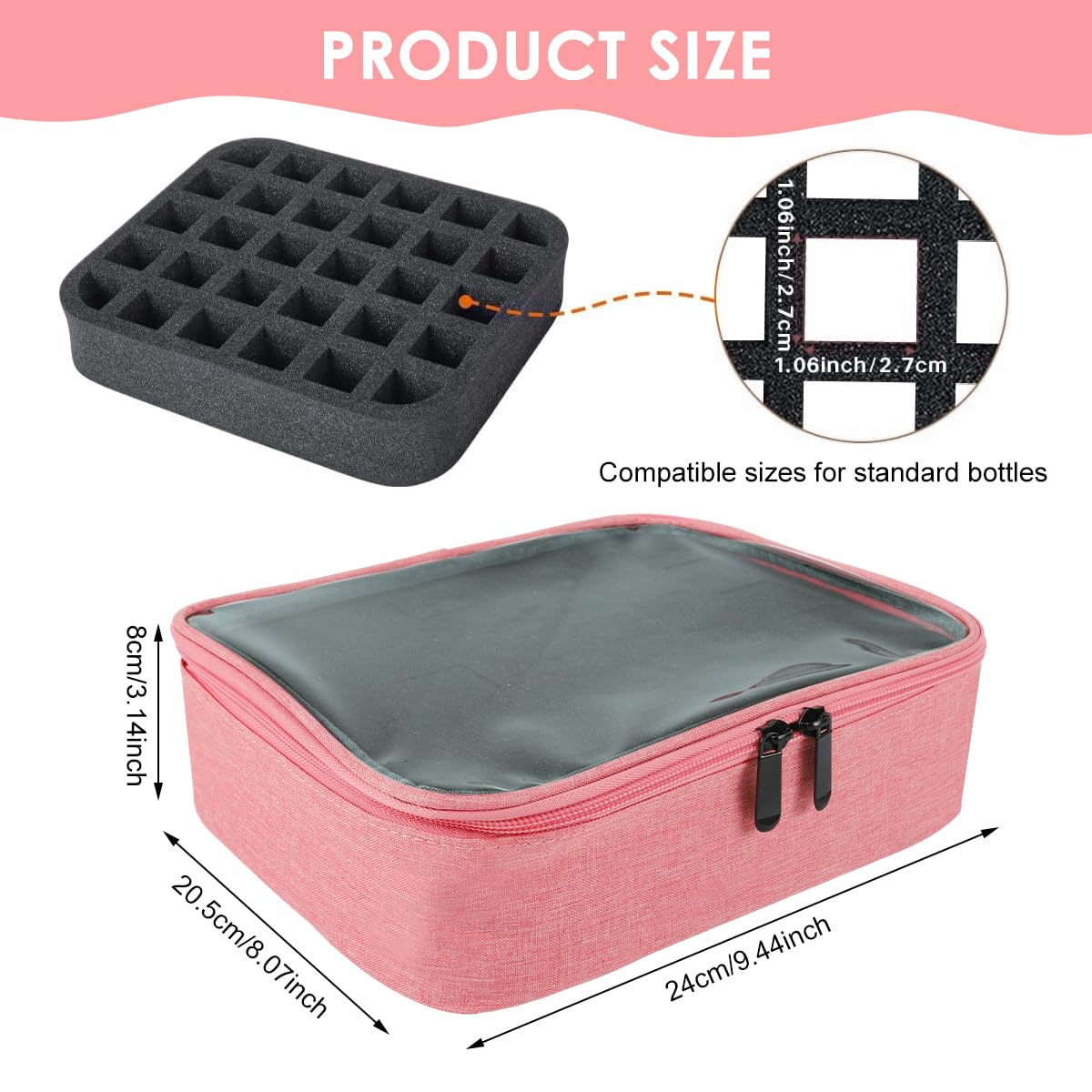 MAYCREATE Nail Polish Bag Organizer for Travel and Storage with 30 Slots and Detachable Partition | Pink Cosmetic Case for Women