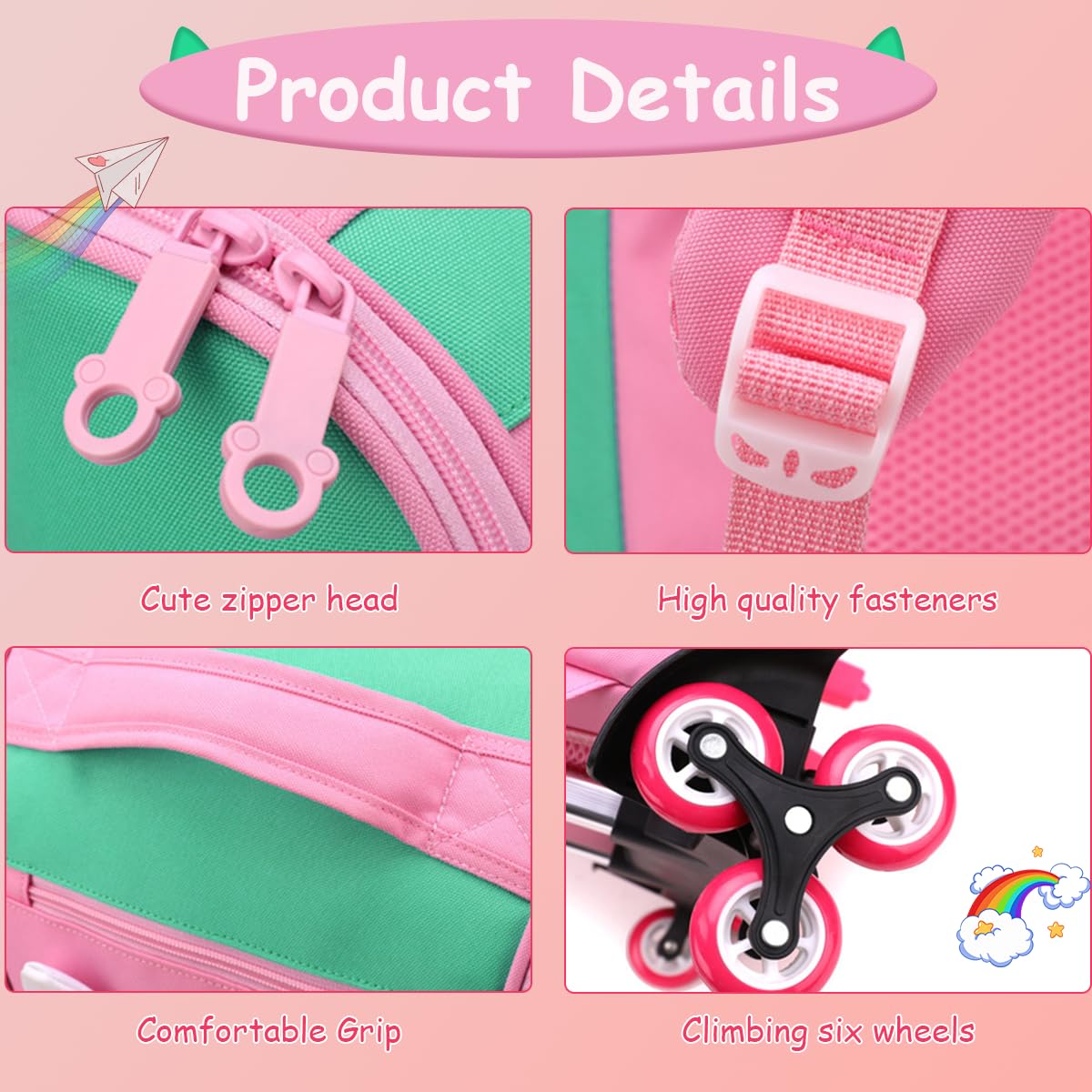 Venzina Trolley School Bag for Girls with 3 Wheel Stand and PU Pink Cartoon Design | Large Capacity Backpack