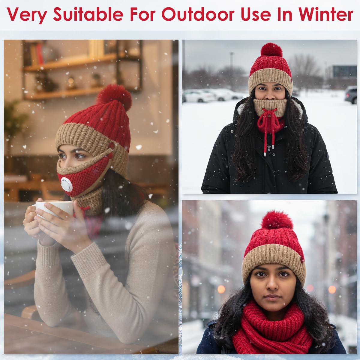 SANNIDHI Winter Cap for Women with Detachable Face Mask and Adjustable Neck Gaiter | Plush Lined Warm Hat in Red and Khaki