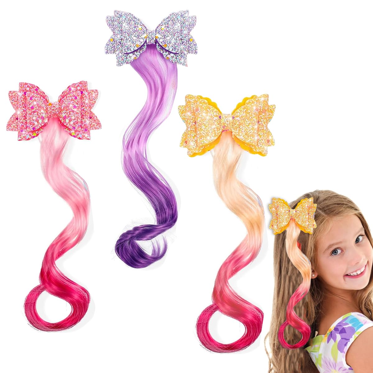 PALAY® 3Pcs Bow Hair Extensions for Kids Girls Glittering Hair Clips for Girls Clip-in Colorful Hair Extension for Ponytail Braid Cute Hair Accessories for Girls Gift Birthday Party Princess Dress Up