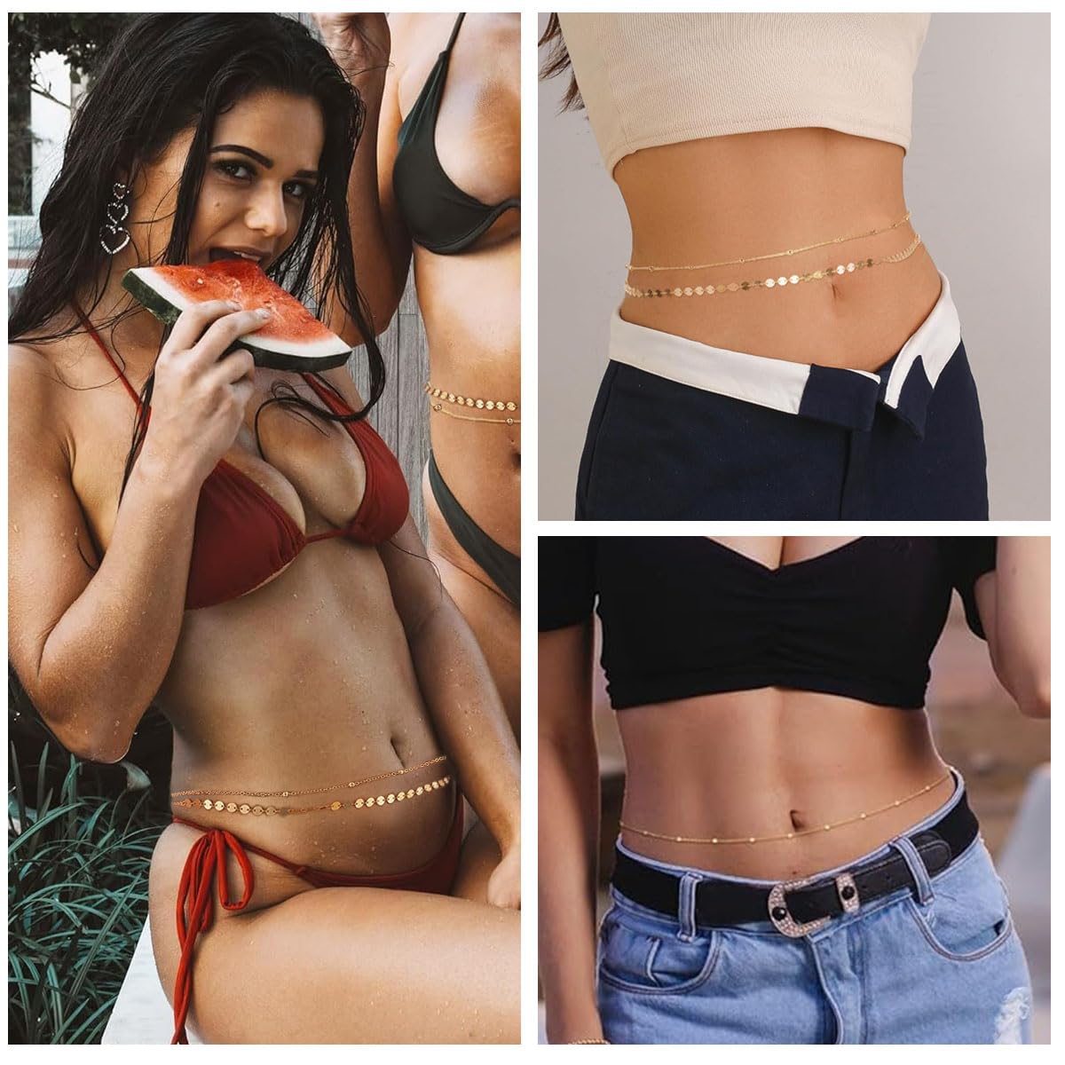 SANNIDHI Waist Chain for Women featuring 2 Layer Beads and Coin Charms Gold Plated 39in | Beach and Saree Wear