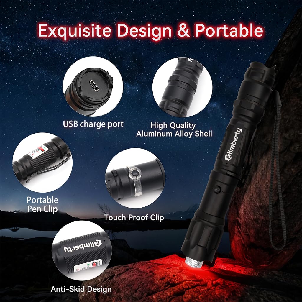 Climberty Red Laser Pointer for Stargazing with 10000m Beam and 8 Pattern Cap | USB Rechargeable Aluminum Tool