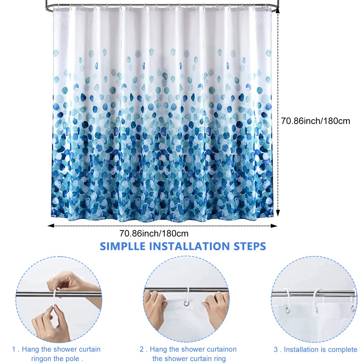 HASTHIP Shower Curtain for Bathroom with Weighted Hem and 12 Hooks 70.8x70.8 inch | Waterproof Polyester Blue Gradient Design