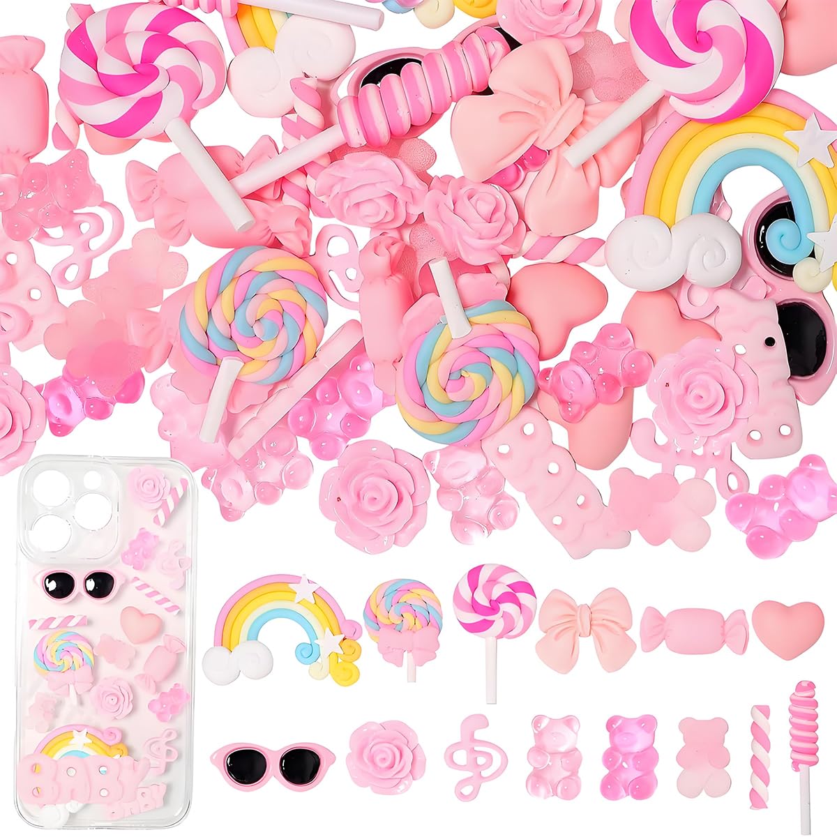 HASTHIP Phone Case Charm Set for DIY Crafting with 60 Flat Back Resin Pieces | Pink Sweet Theme
