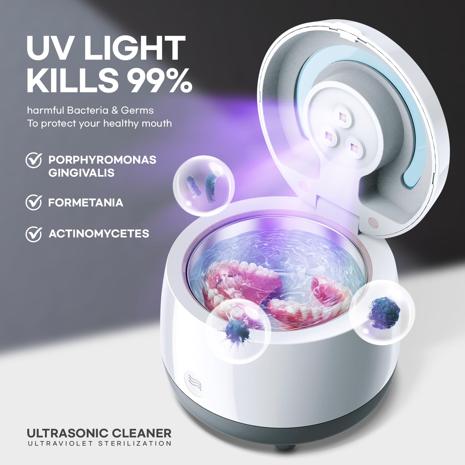 HASTHIP Ultrasonic Retainer Cleaner for Dentures and Jewelry with UV Light | 43000Hz 304 Stainless Steel Chamber