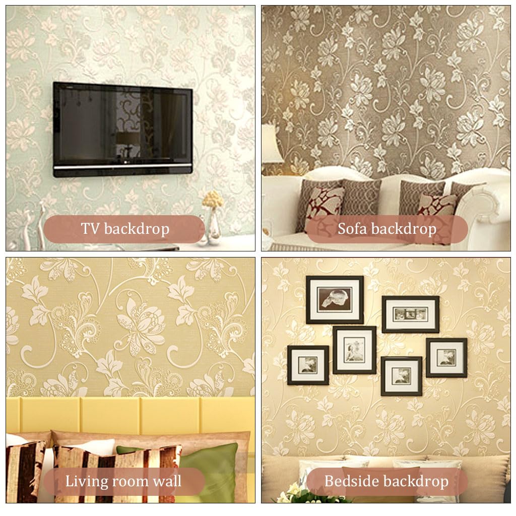 HASTHIP 3D Embossed Damask Wallpaper for Bedroom and Living Room featuring Non‑Woven Fabric 1.73ft x 31ft | Easy to Cut and Remove