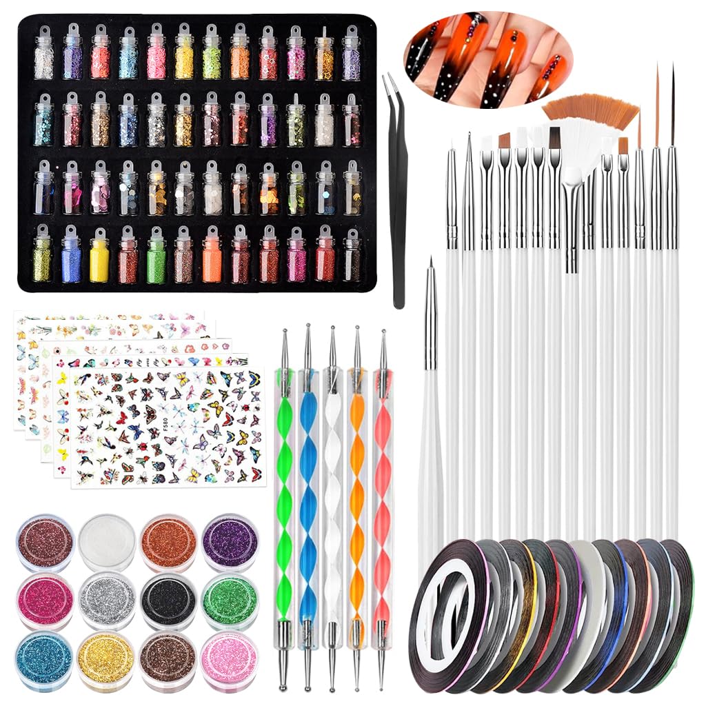 MAYCREATE Nail Art Supplies Tool Kit with 15Pcs Nail Art Fine Detail Brushes 10-Color Striping Tapes Metallic Foils Glitters Nail Decals Stickers Dotting Tools DIY Nail Art Supplies for Nail Salon