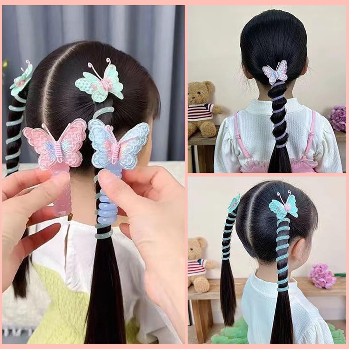 PALAY Telephone Wire Hair Band for Kids featuring Elastic Spiral Design 3 PCS | Cute Butterfly Ponytail Holders