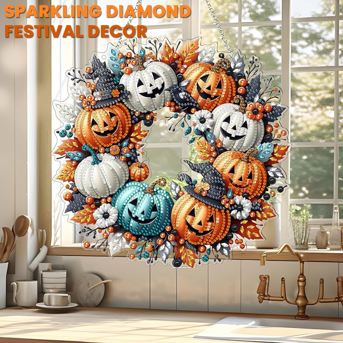 PATPAT DIY Halloween Ornament Diamond Art Craft Kit for Room Decor featuring 9.4 in Pumpkin Design | Sparkling Door Hanging Wreath