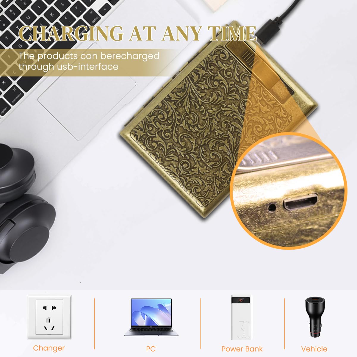 GUSTAVE Metal Cigarette Case for 20pcs Standard Cigarettes with USB Flameless Coil Lighter | Vintage Gift for Men